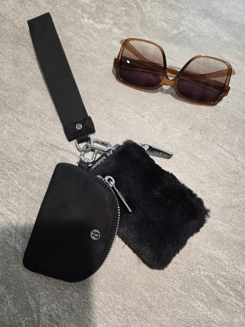 lululemon athletica Black Wristlet Coin Pouch with Faux Fur Card Holder
